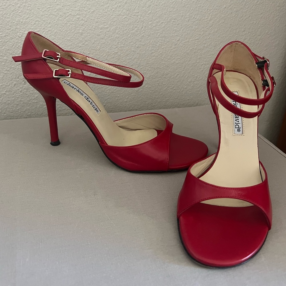 Charles David, red leather heels, Bambi 7.5
